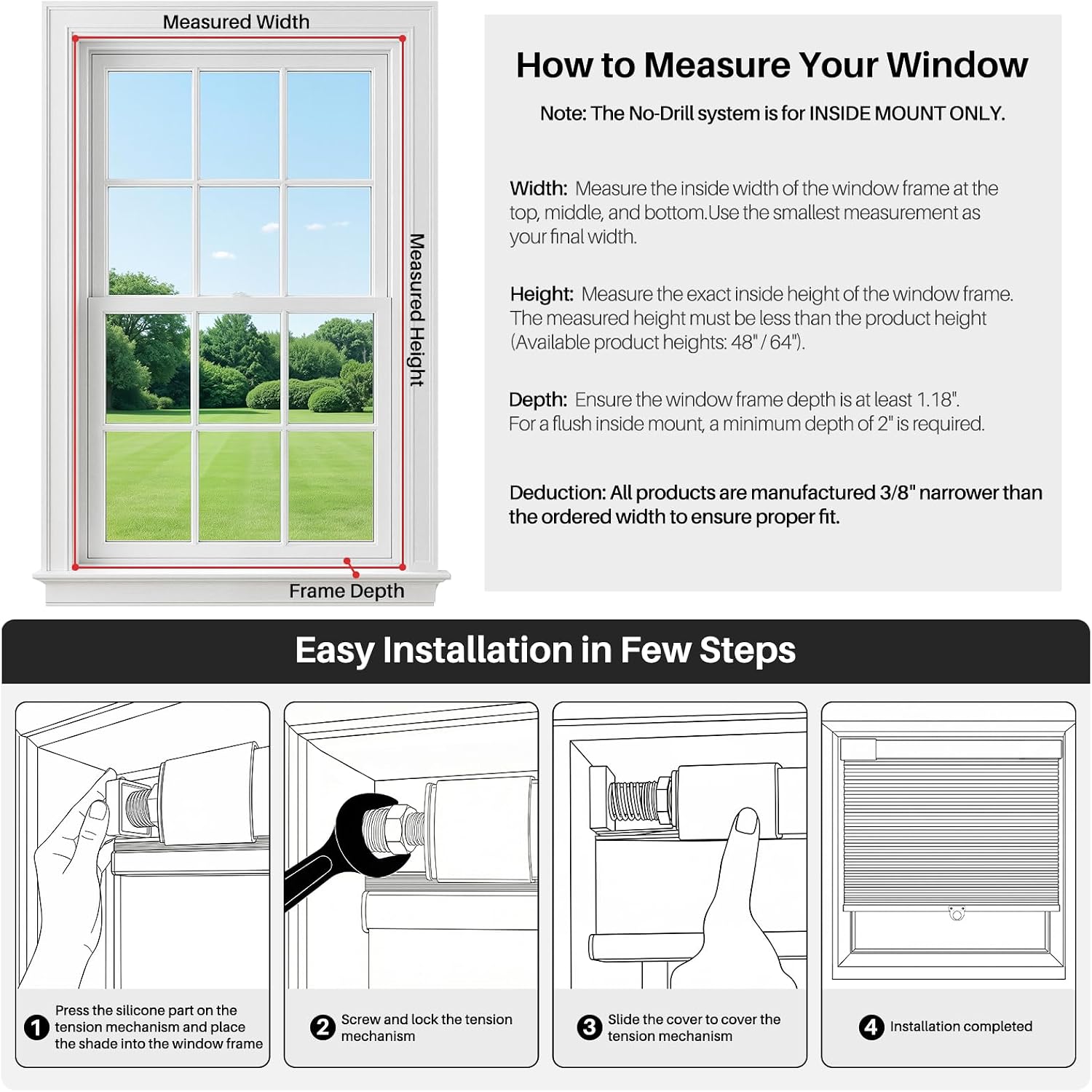 No Drill Cordless Cellular Shades, 30s Easy Install Honeycomb Window Shades, Light Filtering Thermal Insulated Blinds for Bedroom Kitchen Bathroom (White, 35 W x 48 H)